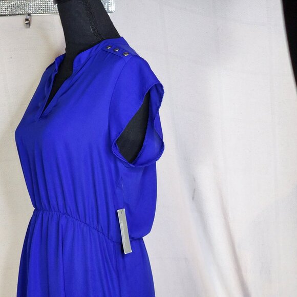 Sweet Rain Blue SS V Neck Poly Silver Button Shoulder Peplum Midi Dress Jr Sz L - Picture 9 of 16